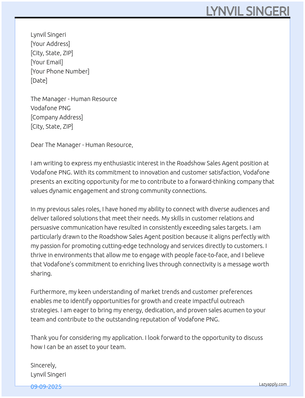 Roadshow Sales Agent At Vodafone PNG Cover Letter