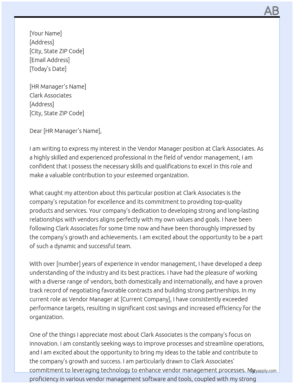 Vendor Manager At Clark Associates Cover Letter