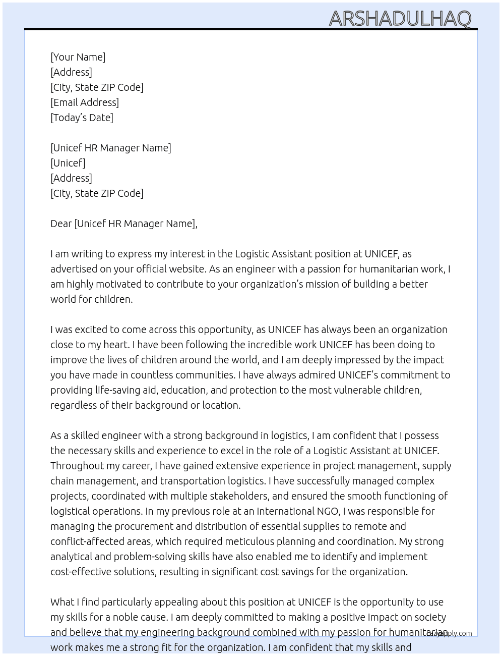 Logistic assistant  At UNICEF  Cover Letter