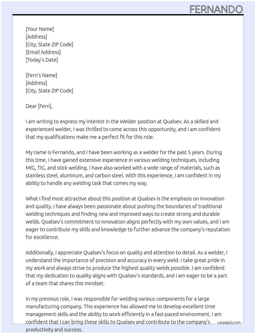 Welder At Qualsev Cover Letter
