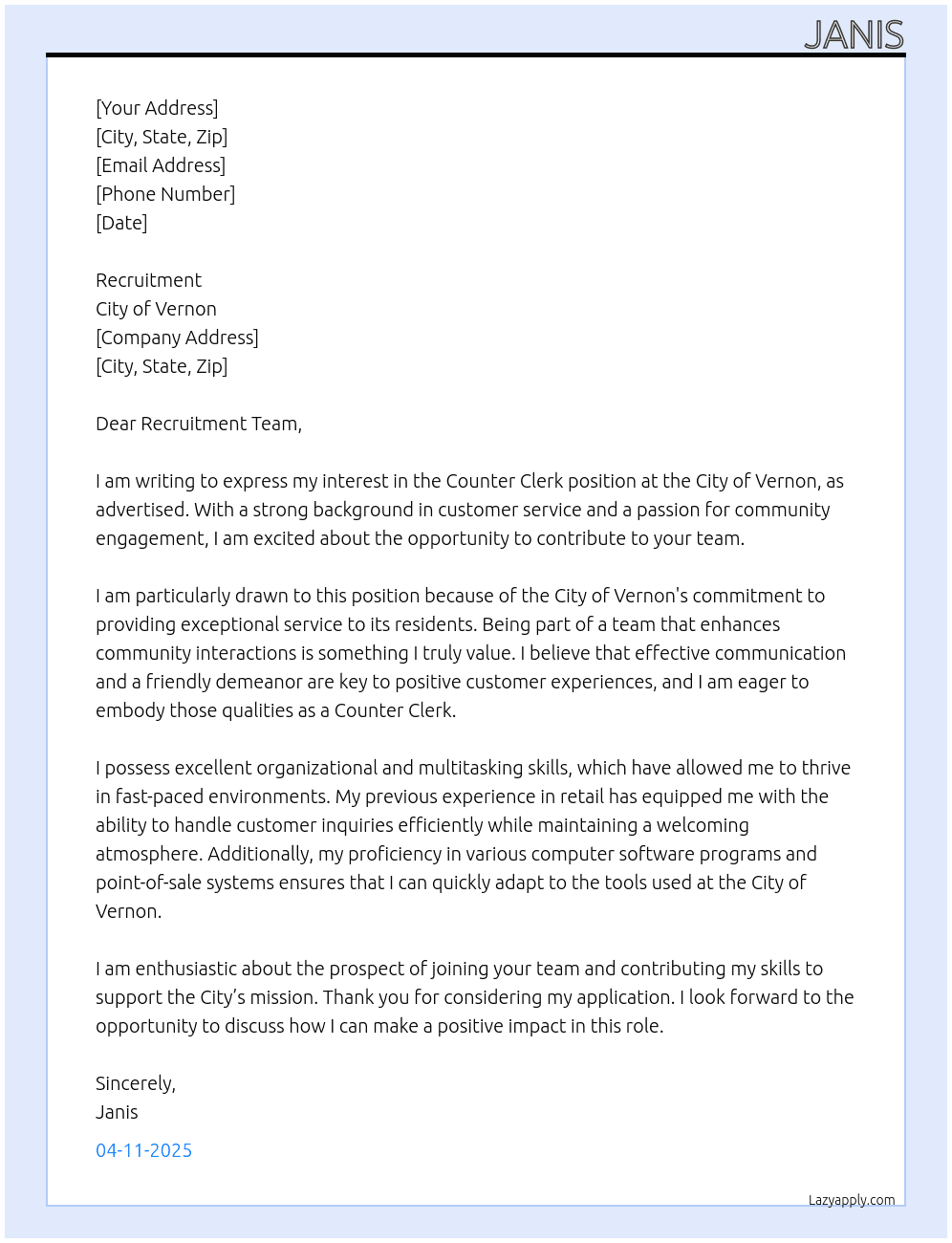 Conter clerk At City of Vernon Cover Letter