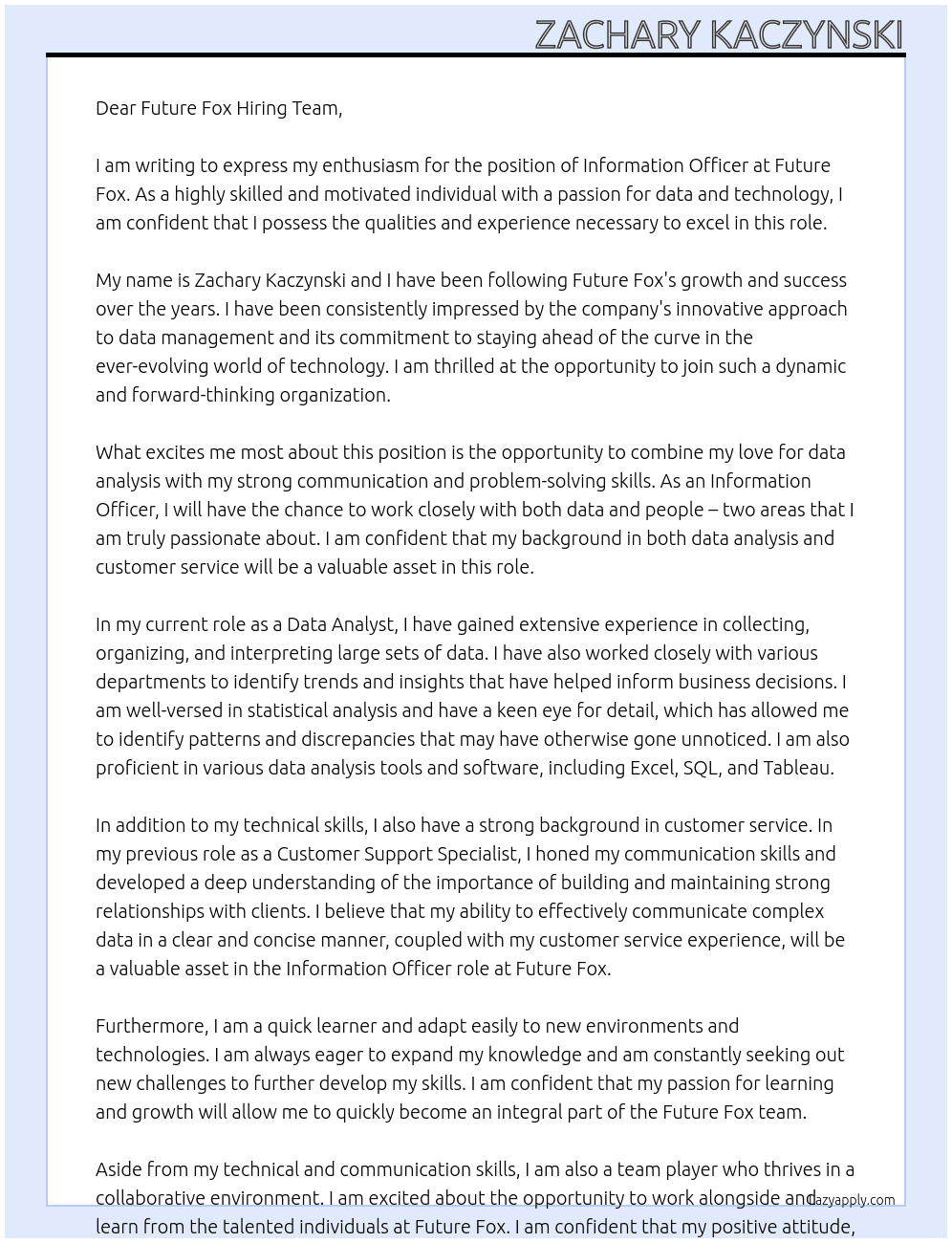 information officer At future fox Cover Letter