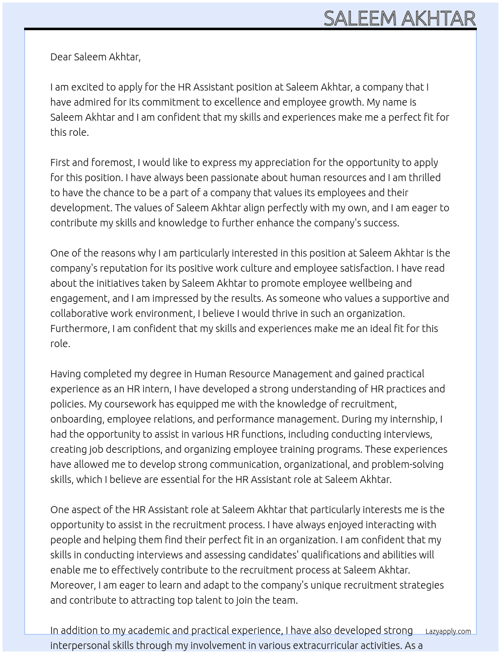 HR Assit At Saleem Akhtar Cover Letter