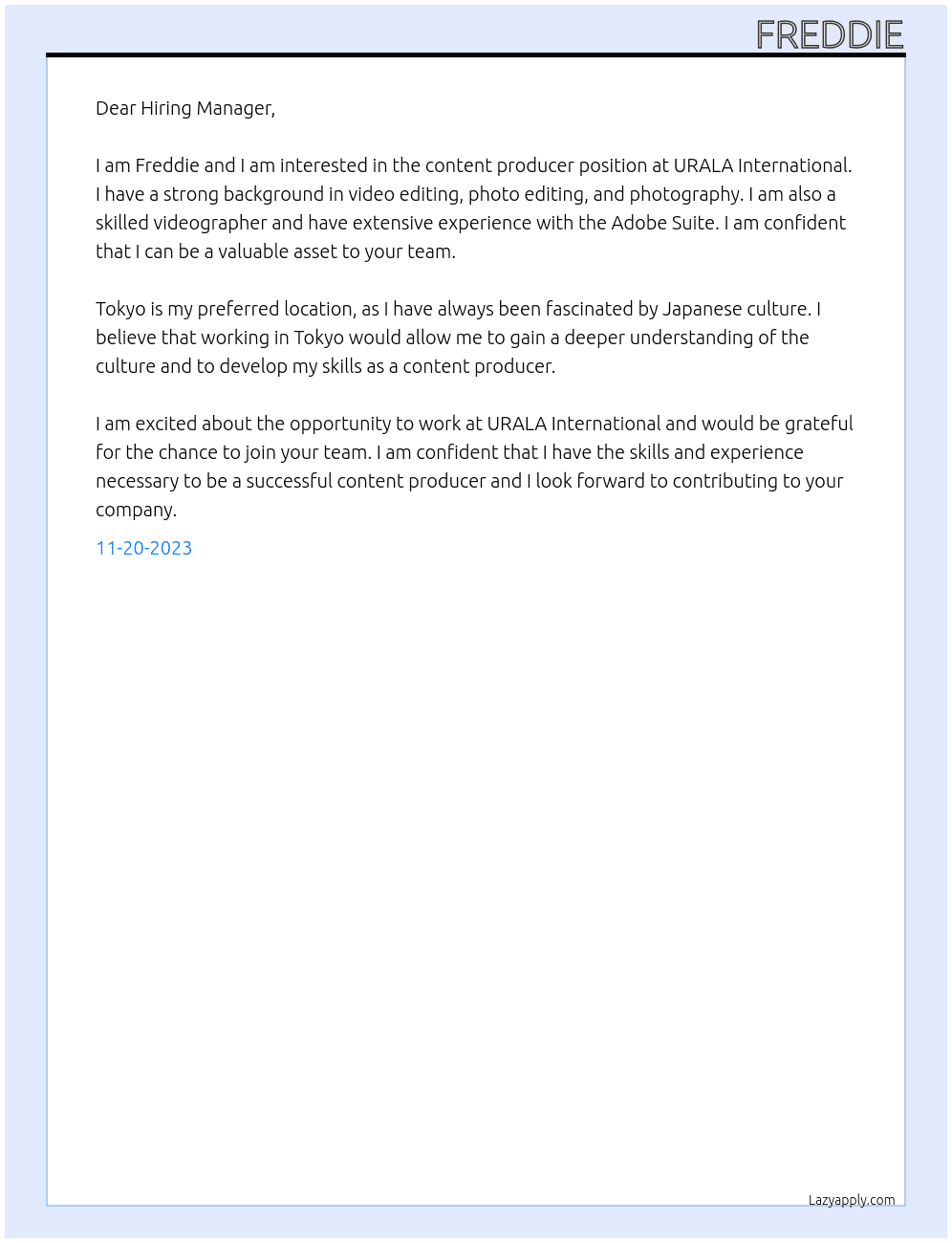 Content Producer At URALA International Cover Letter