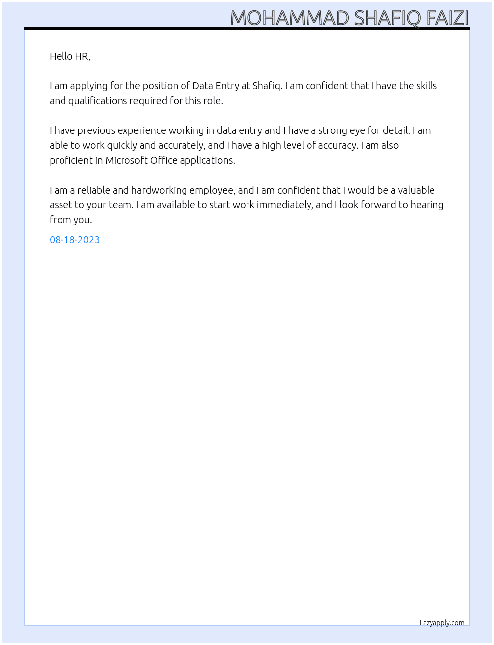 Data entry  At shafiq Cover Letter