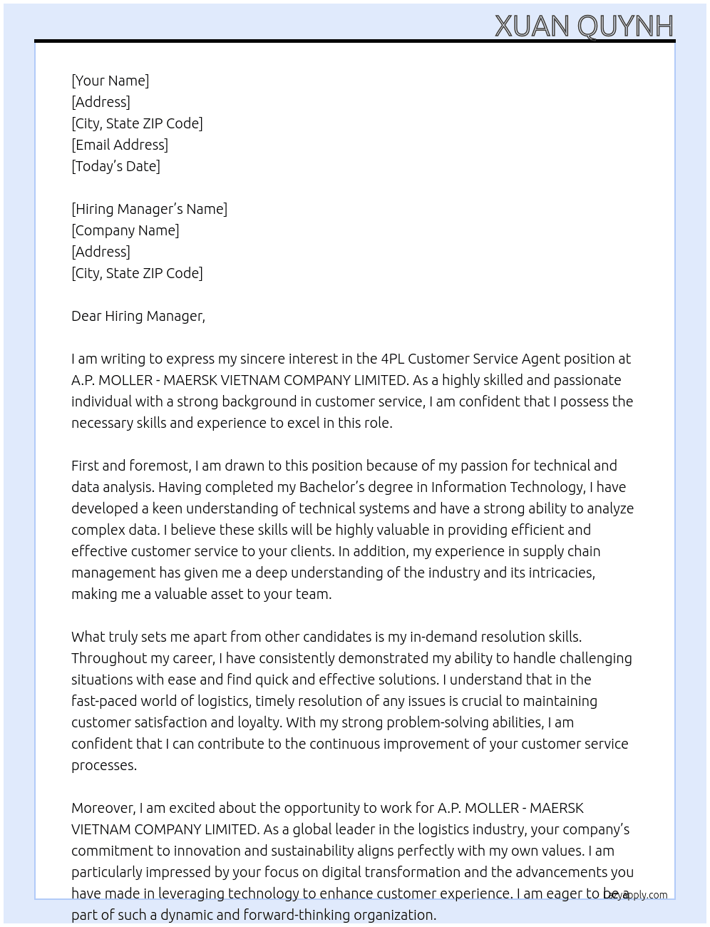 4PL Customer Service Agent At A.P. MOLLER - MAERSK VIETNAM COMPANY LIMITED Cover Letter