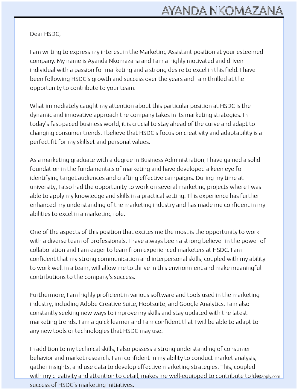 Marketing assistant  At HSDC Cover Letter