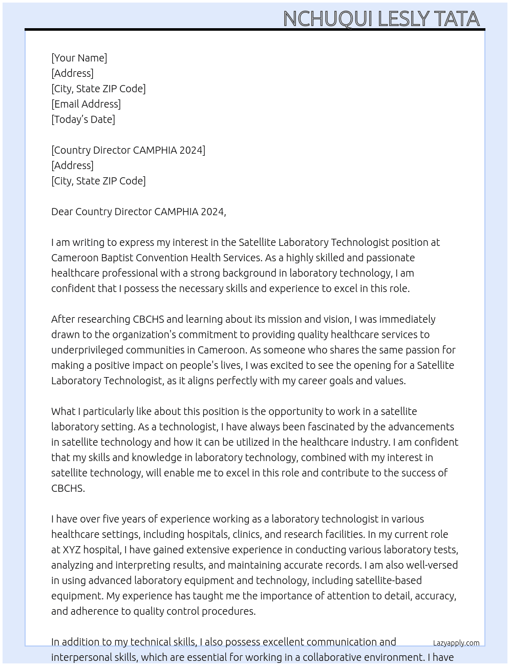 Satellite Laboratory technologist  At Cameroon Baptist convention health services  Cover Letter