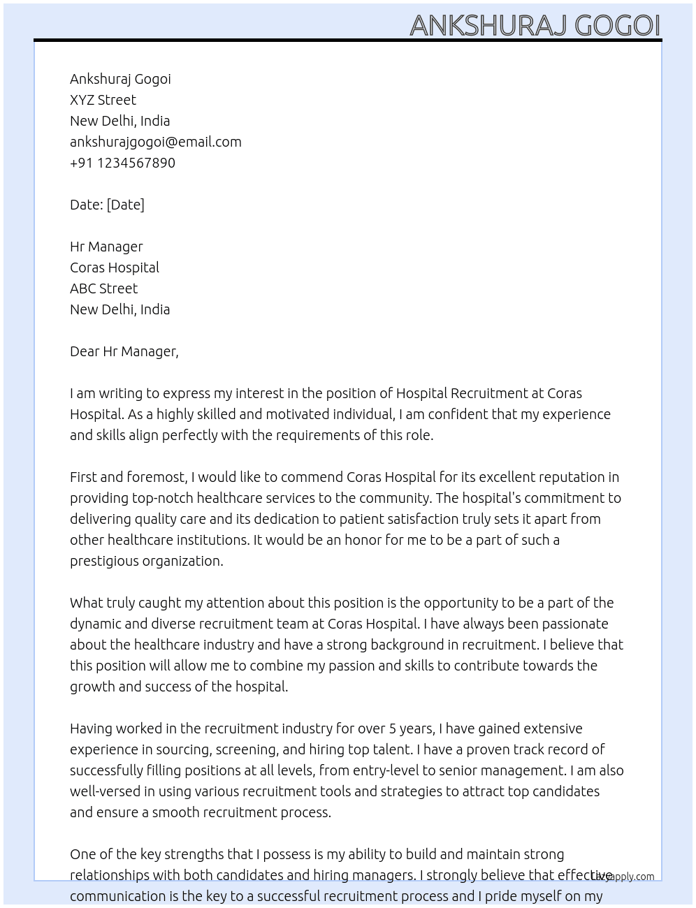 Hospital recruitment  At Coras Hospital Cover Letter