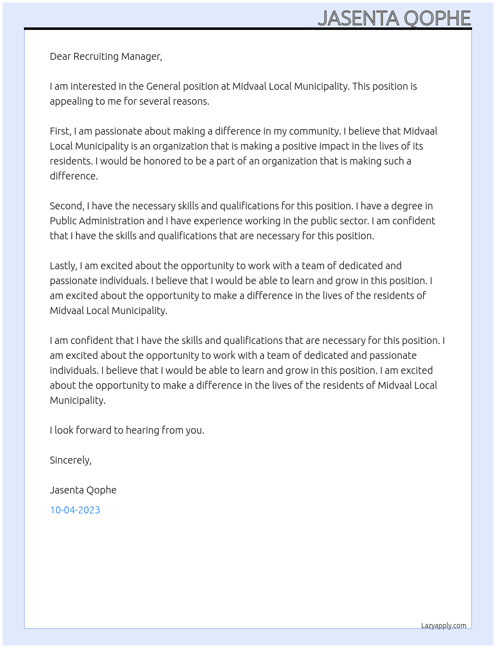 General At Midvaal Local Municipality Cover Letter