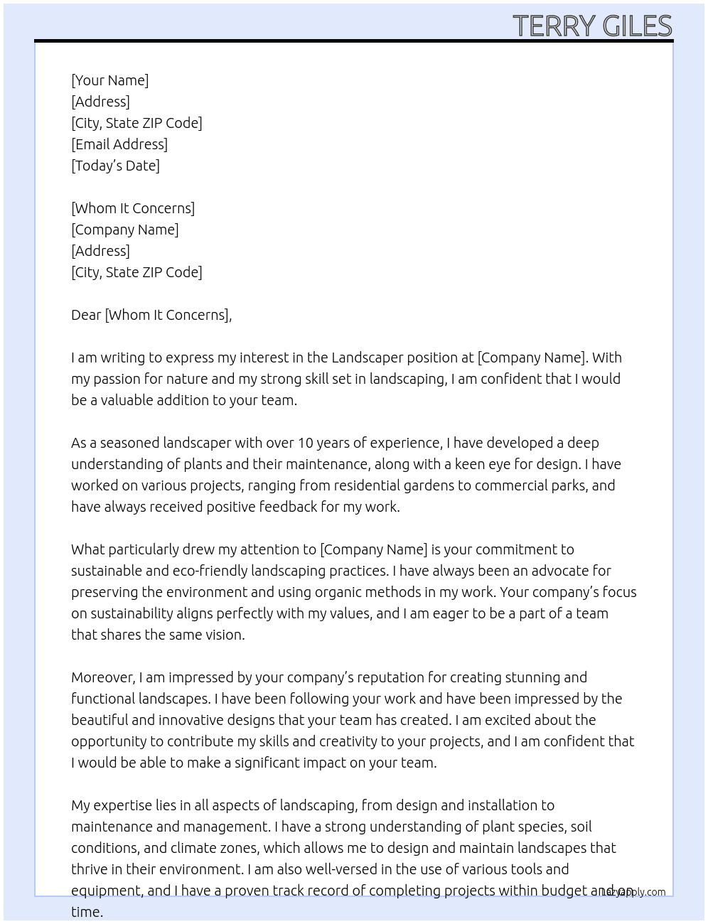 LANDSCAPER At WHOM IT CONCERNS Cover Letter