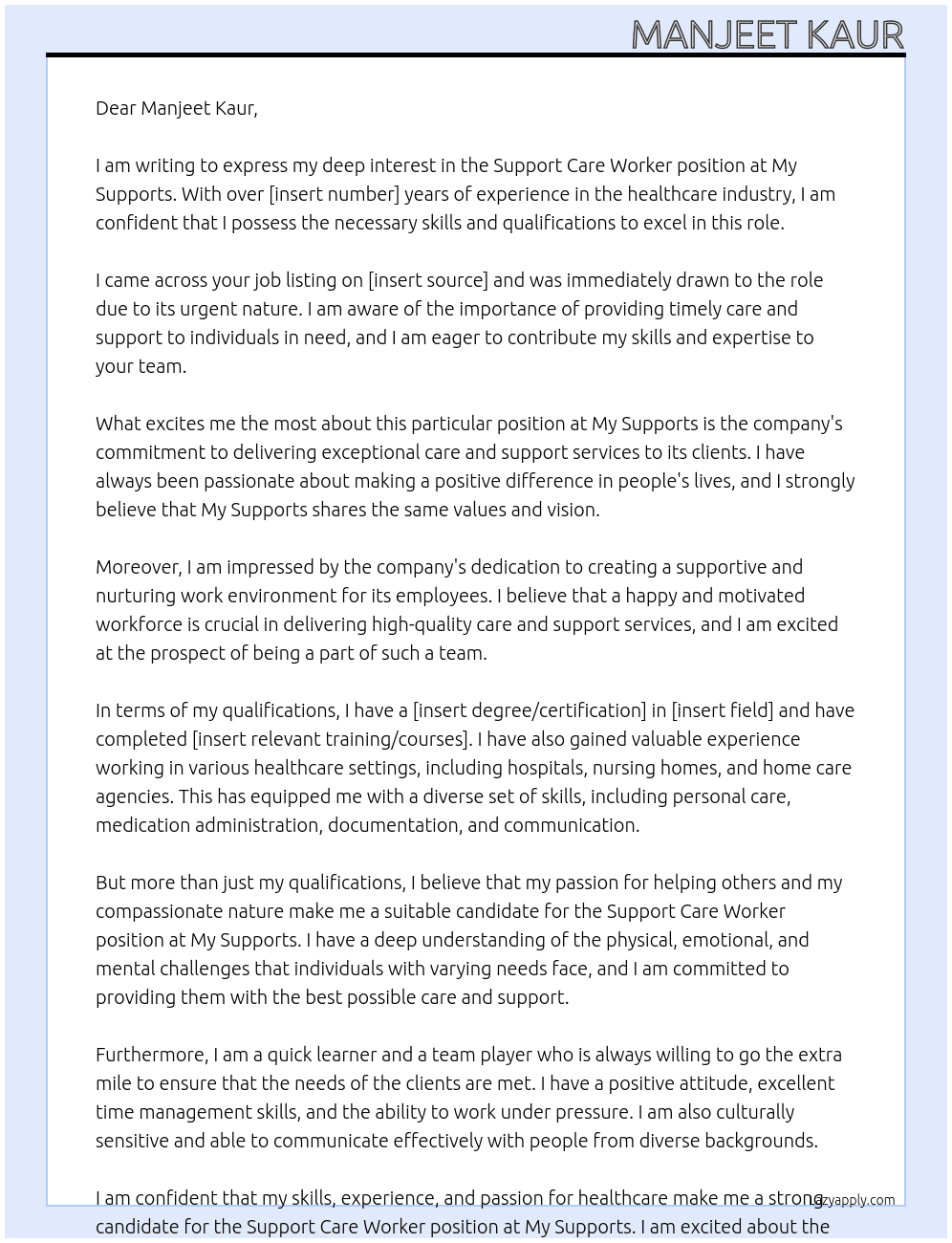 Support care worker  At My supports Cover Letter