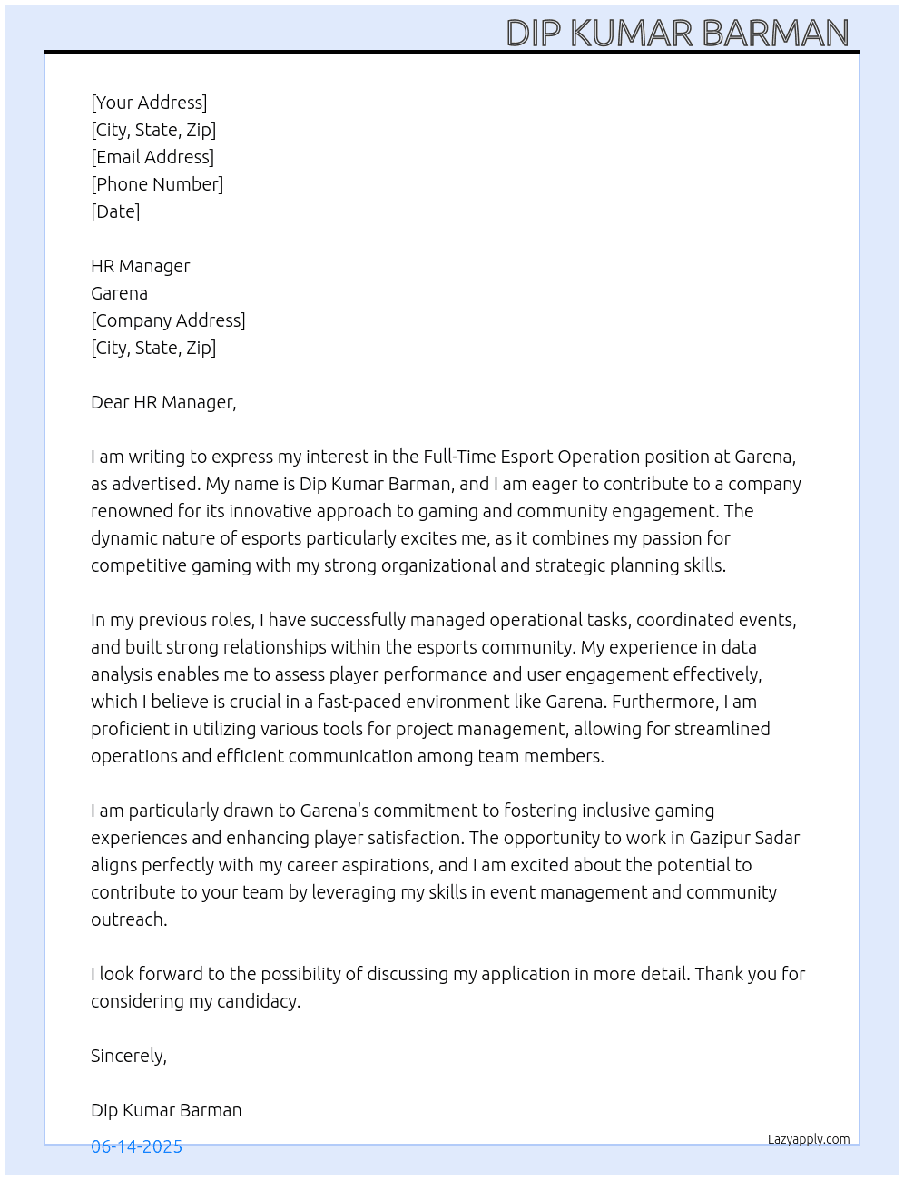 Cover letter for esport operation - LazyApply