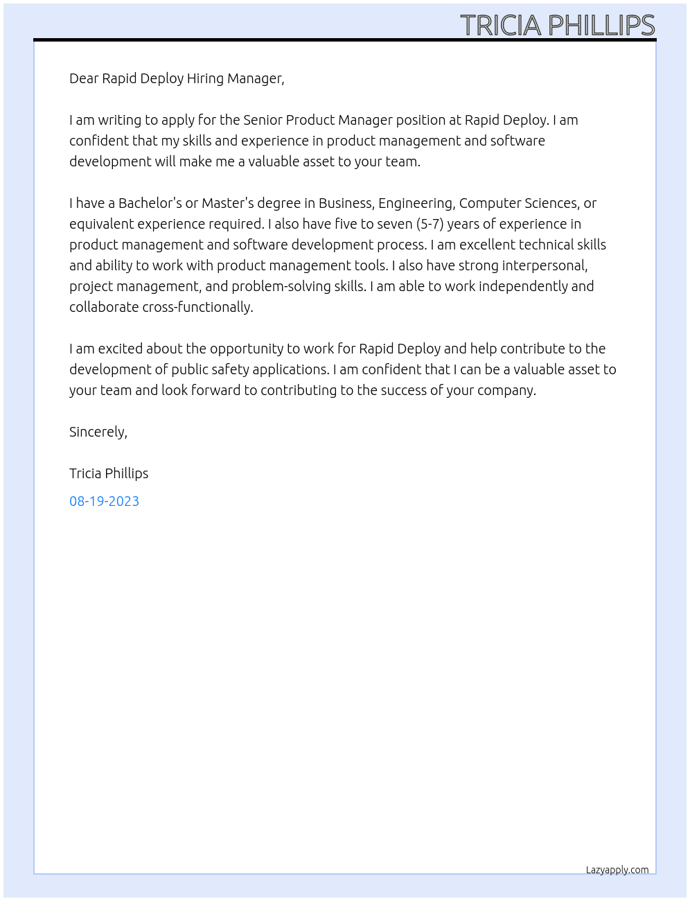 Senior Product Manager At Rapid Deploy Cover Letter