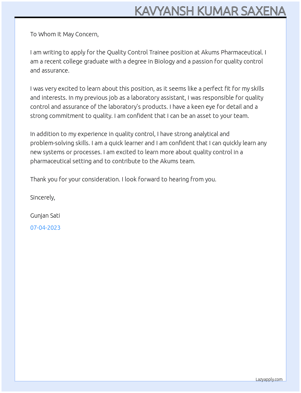 Quality control trainee At Akums pharmaceutical Cover Letter