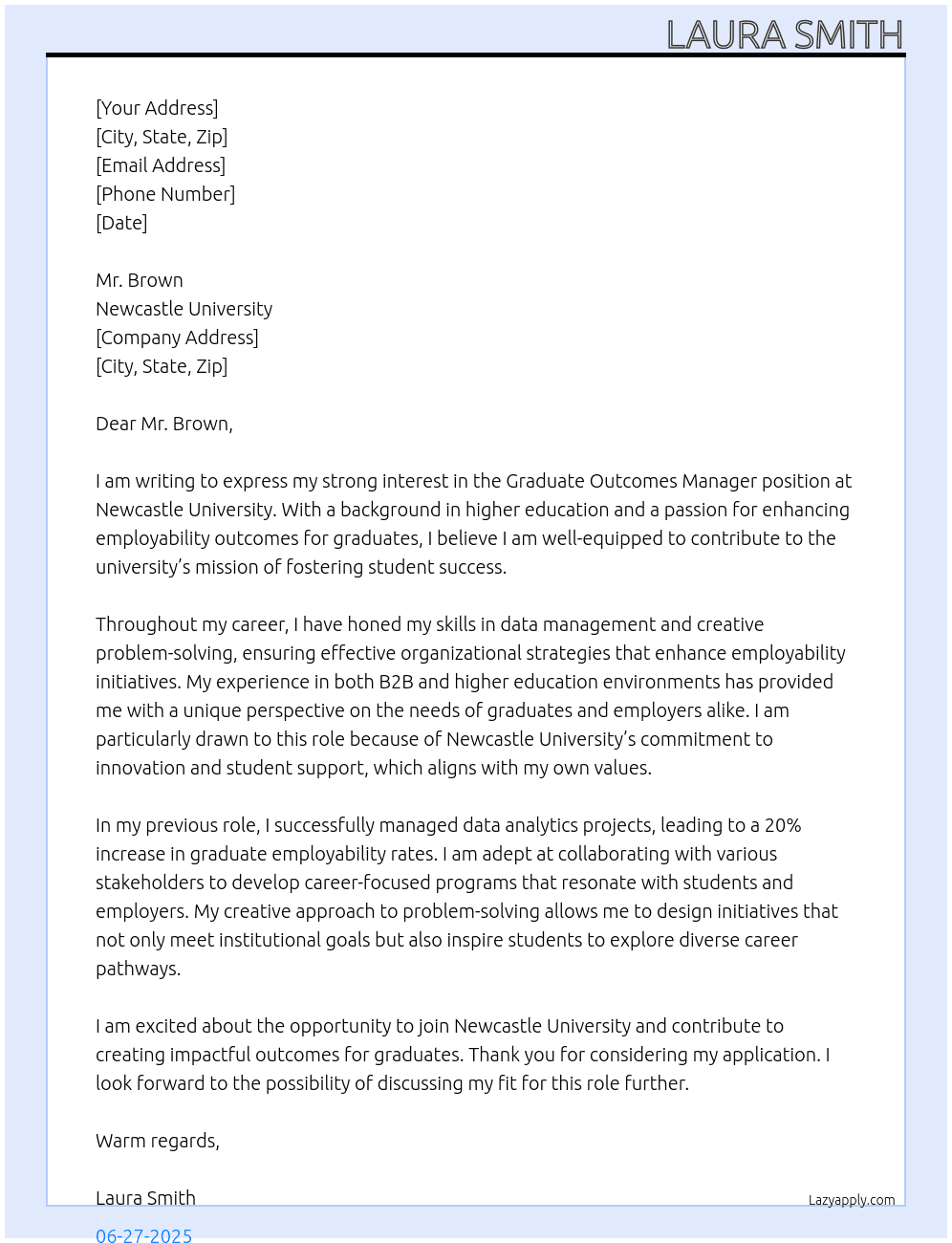 Graduate Outcomes Manager At Newcastle University Cover Letter