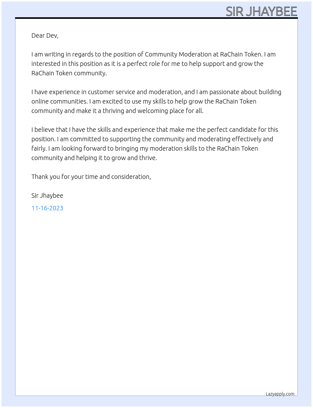 Community Moderation At RaChain Token Cover Letter