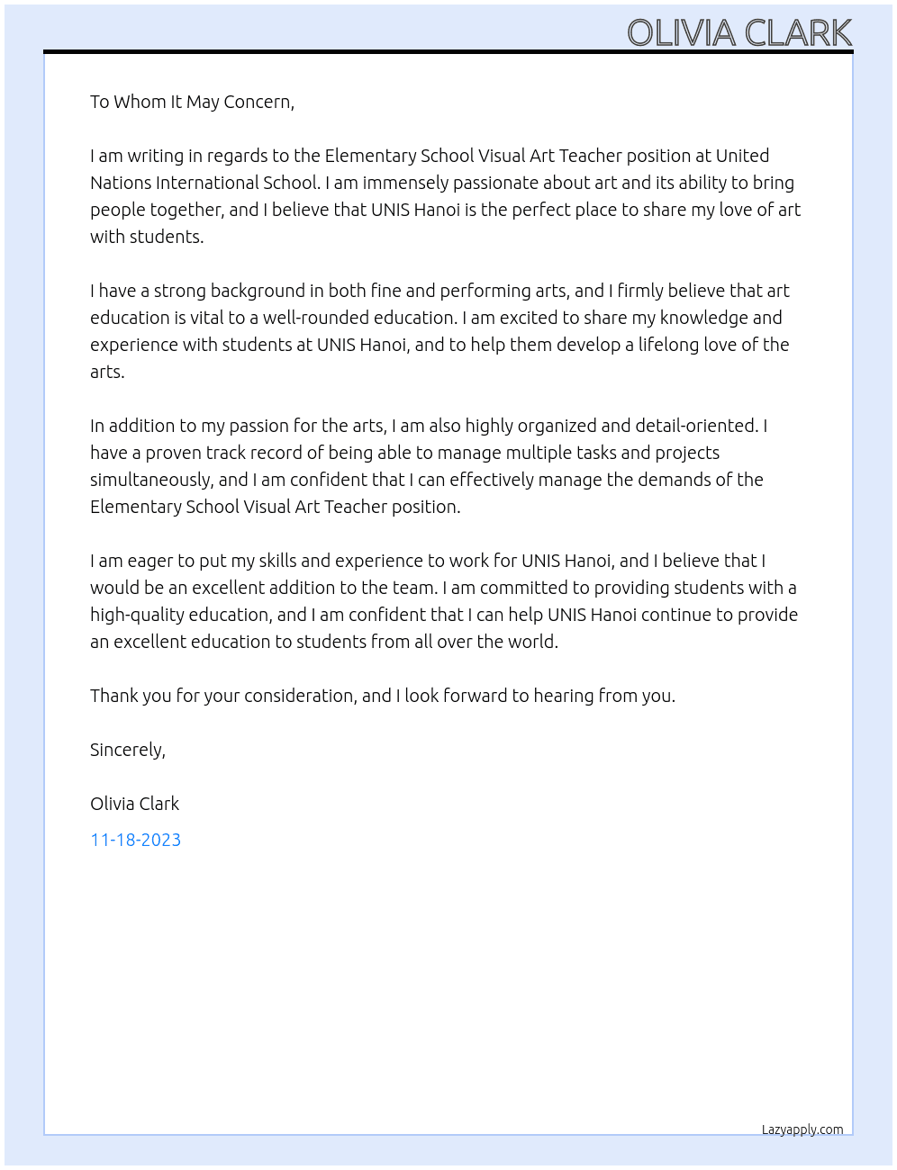 Elementary School Visual Art Teacher At United Nations International School Cover Letter