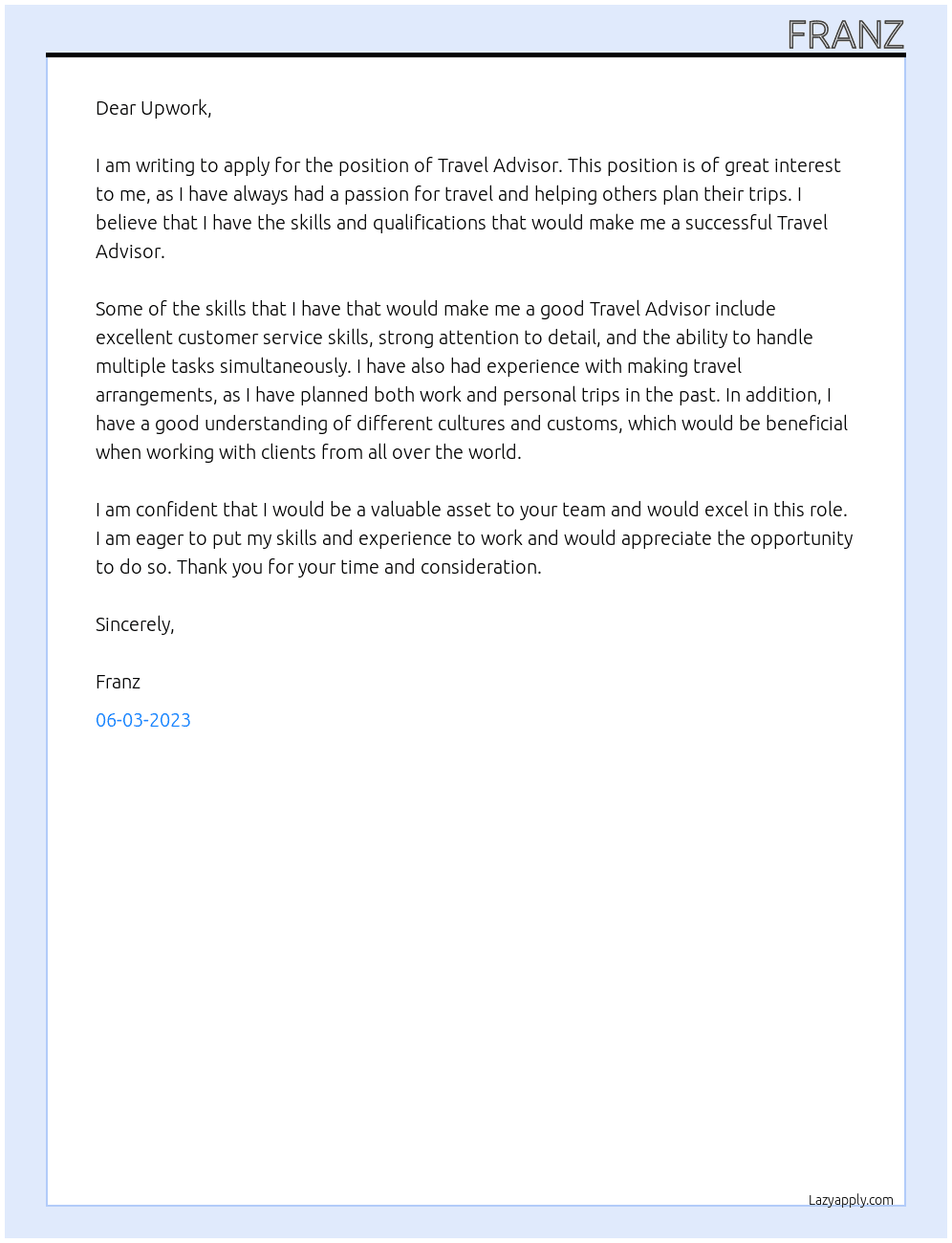 Travel Advisor At Upwork Cover Letter