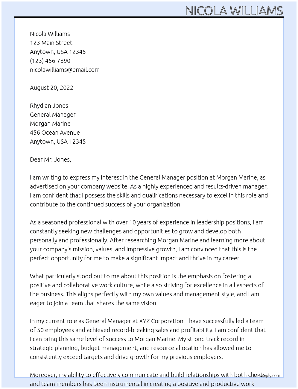 General Manager At Morgan Marine Cover Letter