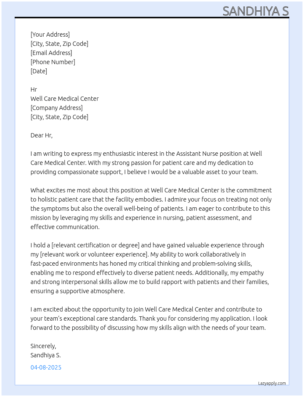 Assistant nurse  At Well care medical center  Cover Letter