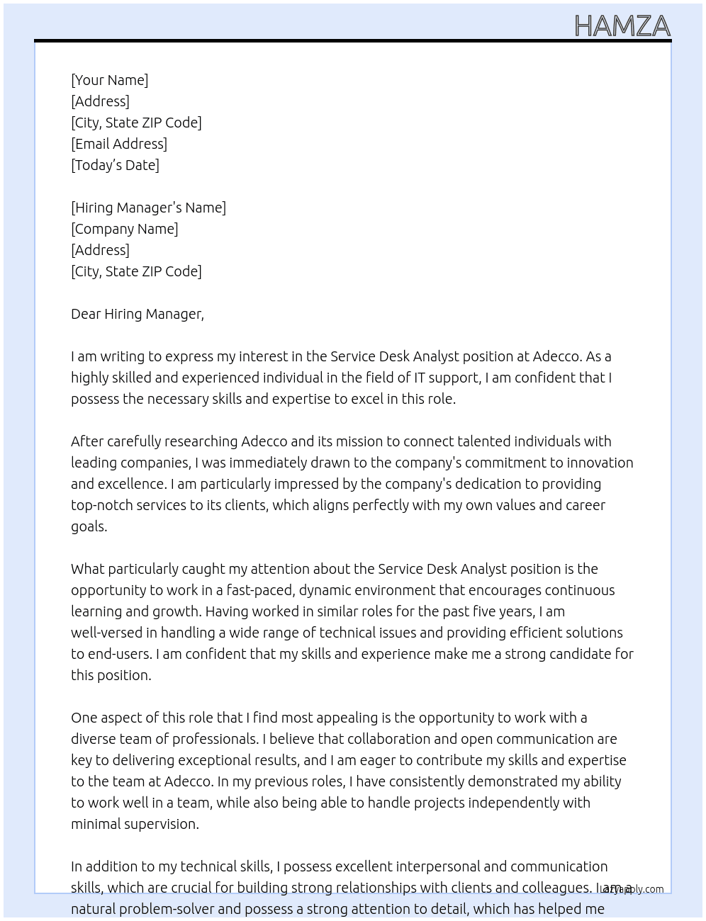 Service Desk Analyst At Adecco Cover Letter