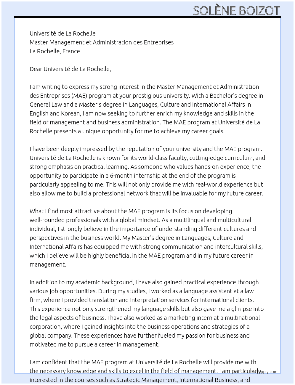 Candidature au Master Management et Administration des Entreprises At Master Management et Administration des Entreprises Cover Letter