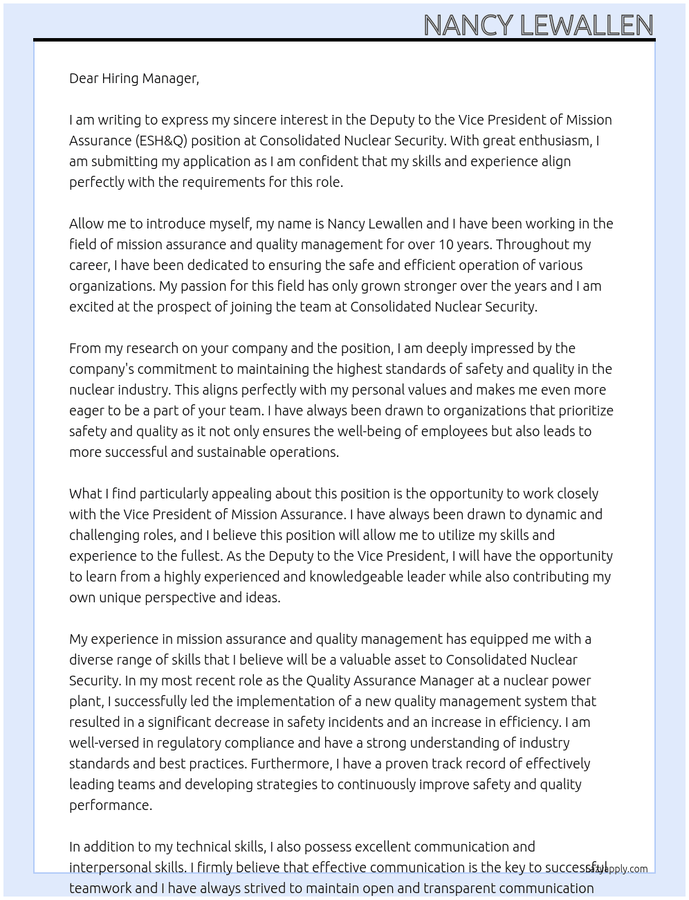 Deputy to the Vice President of Mission Assurance (ESH&Q) At Consolidated Nuclear Security Cover Letter