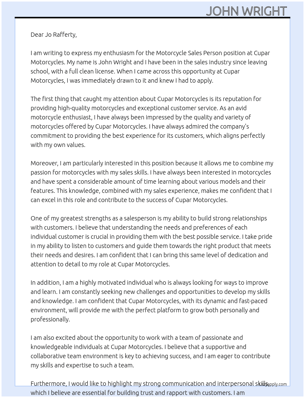 Motorcycle sales person  At Cupar motorcycles  Cover Letter