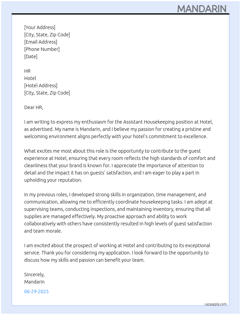 Asistant Housekeeping At Hotel Cover Letter
