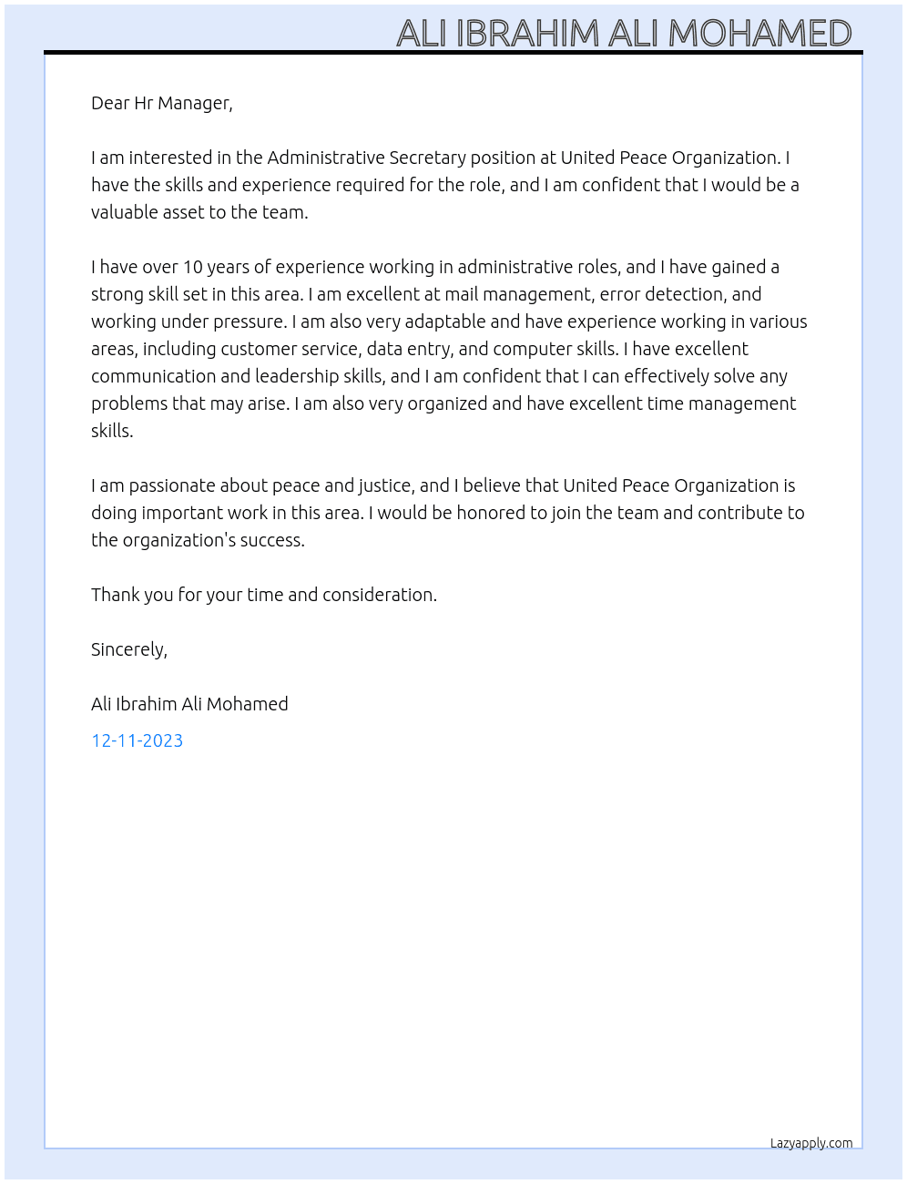 Administrative Secretary At United Peace Organization Cover Letter
