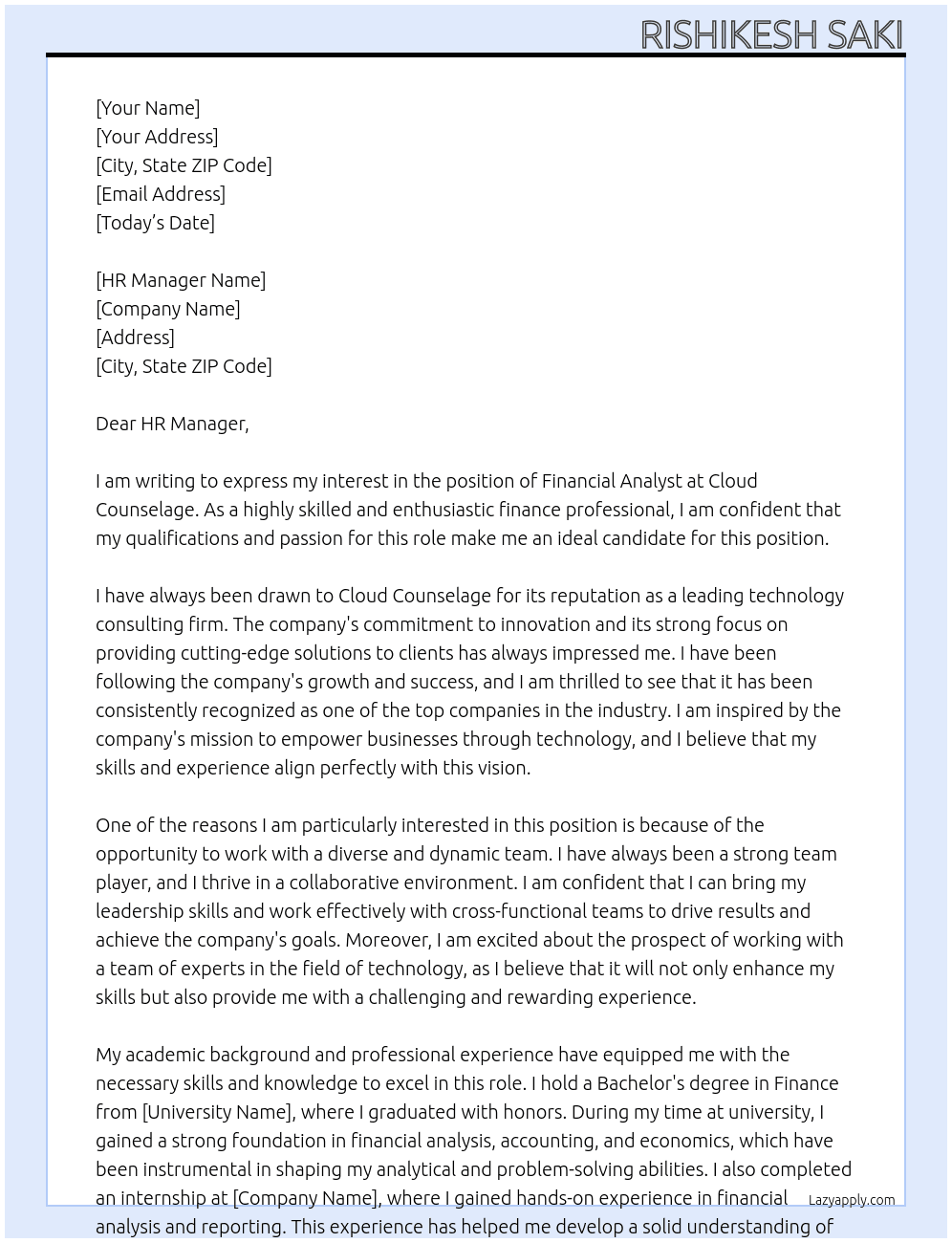 financial Analysis At Cloud Couselage Cover Letter