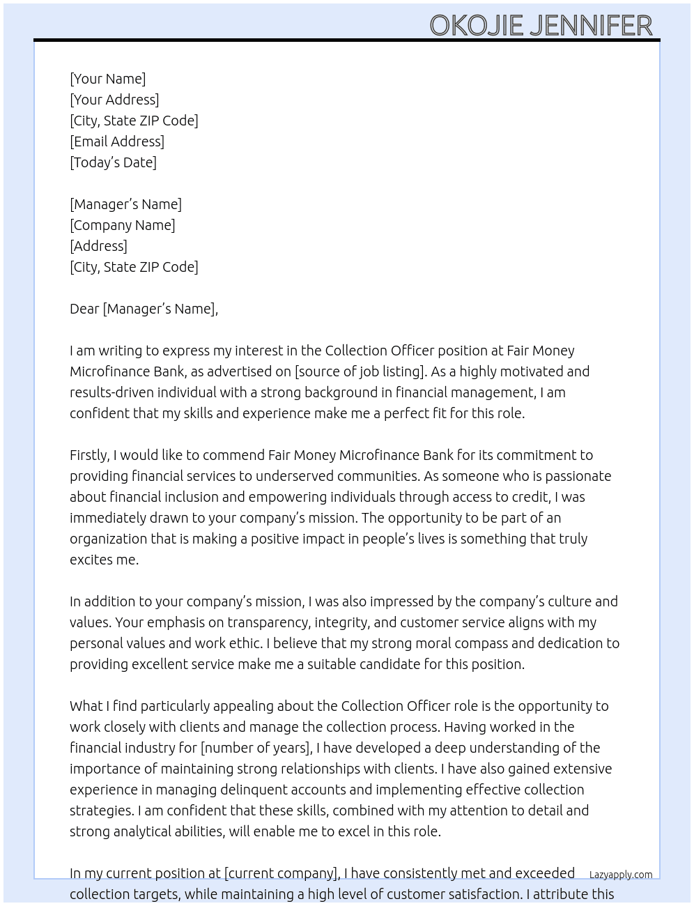Collection officer  At Fair money microfinance bank  Cover Letter
