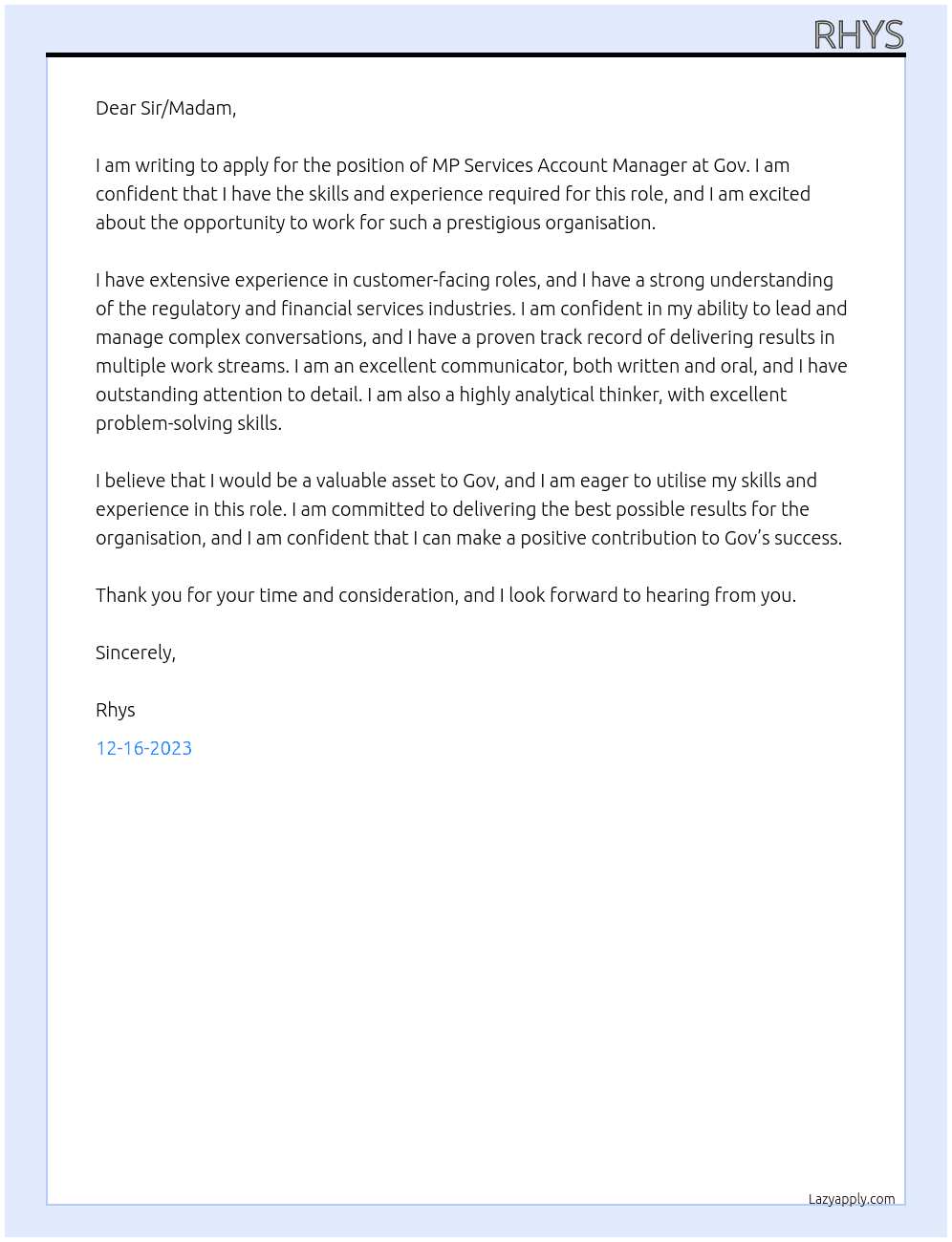 MP Services Account Manager At Gov Cover Letter