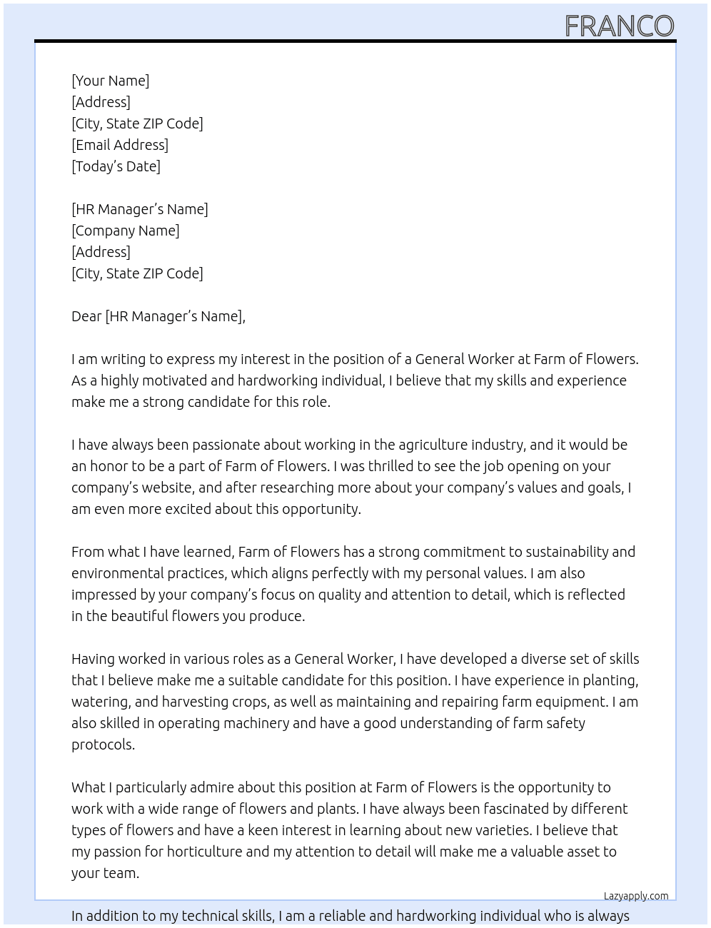 General worker  At Farm of flowers  Cover Letter