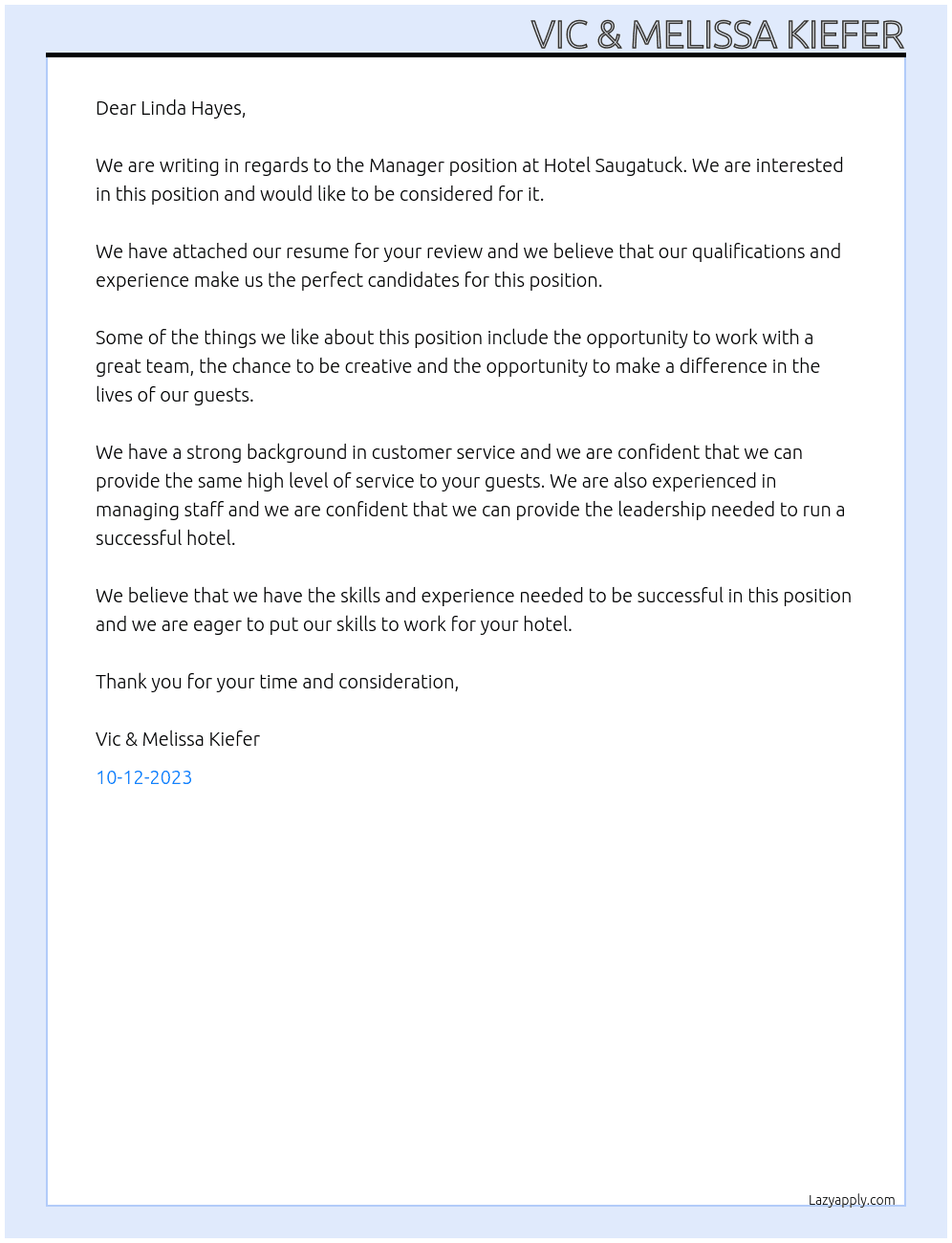 Manager At Hotel Saugatuck Cover Letter