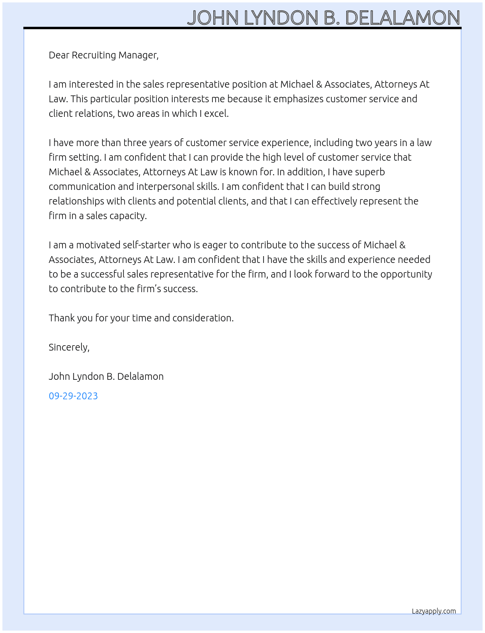 sales representative At Michael & Associates, Attorneys At Law Cover Letter