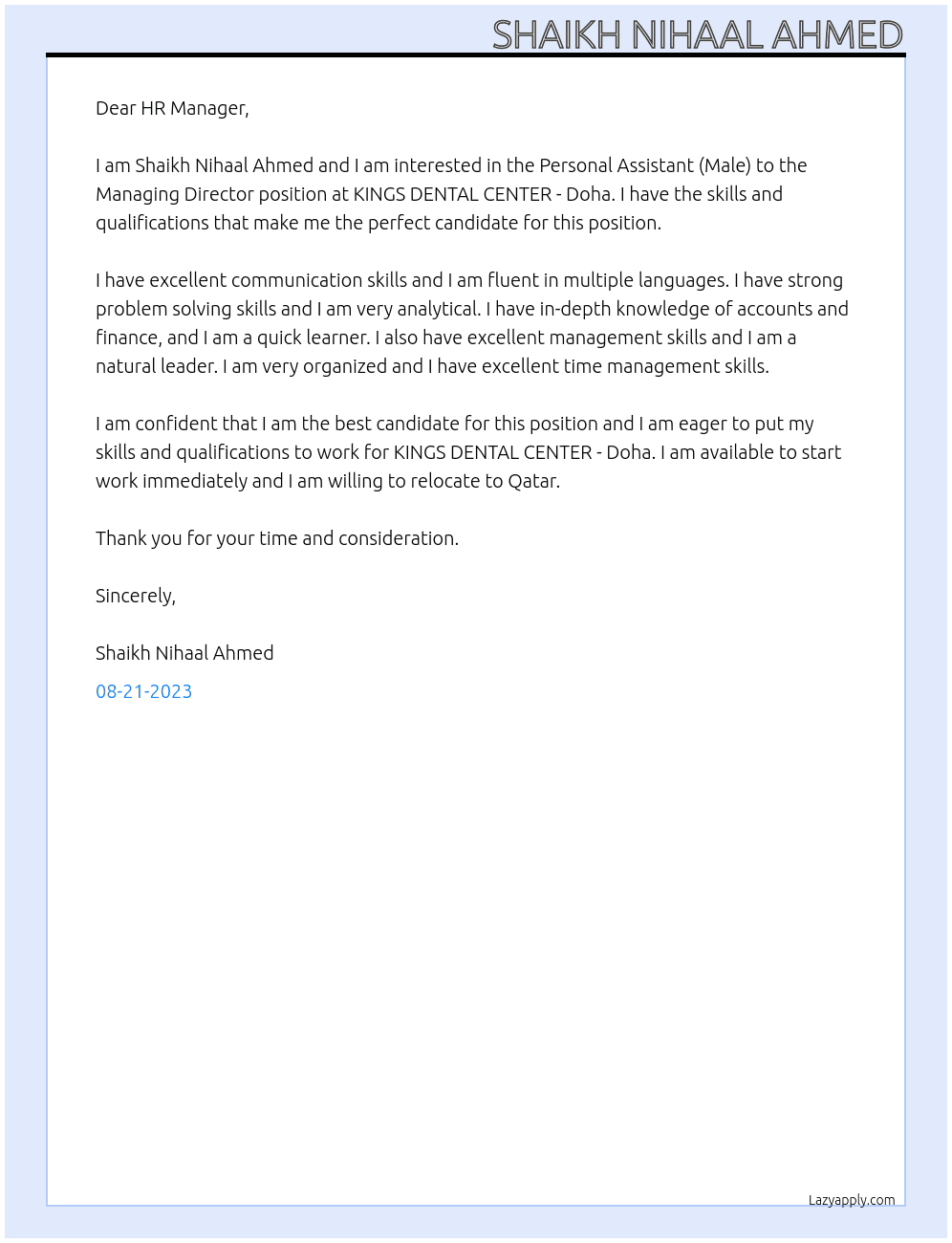 PERSONAL ASSISTANT (MALE) TO THE MANAGING DIRECTOR At KINGS DENTAL CENTER - Doha Cover Letter