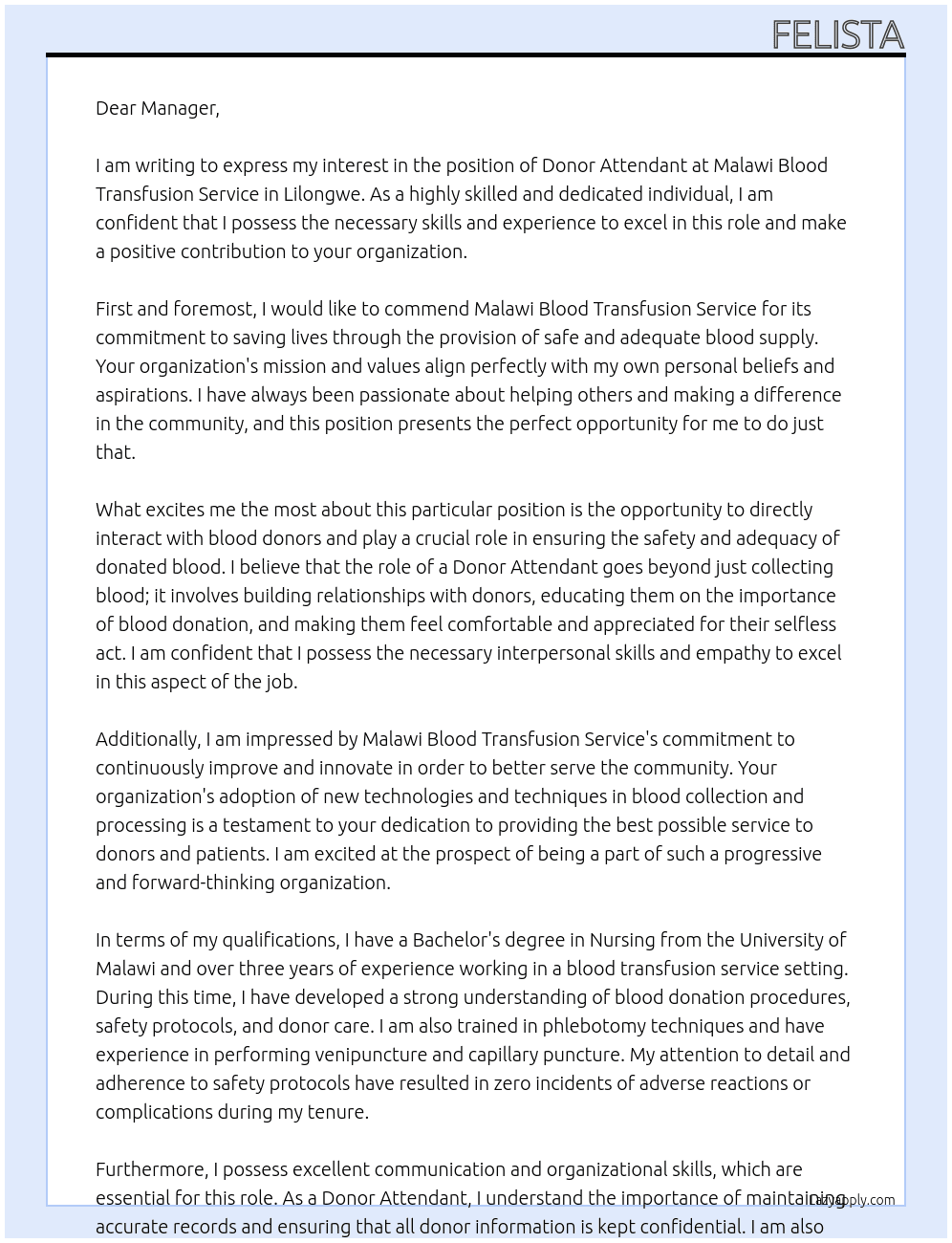 Donor Attendant At Malawi Blood Transfusion Service Cover Letter