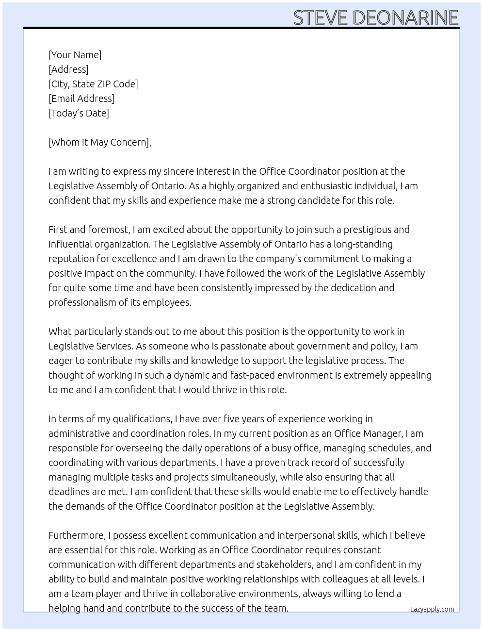 Office Coordinator, Legislative Services At Legislative Assembly of Ontario Cover Letter