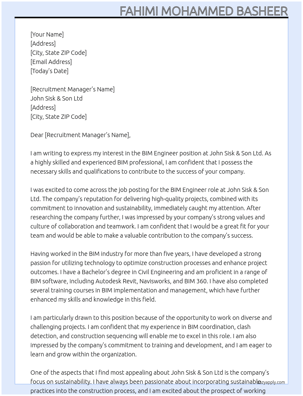 bim engineer At John Sisk & Son Ltd Cover Letter