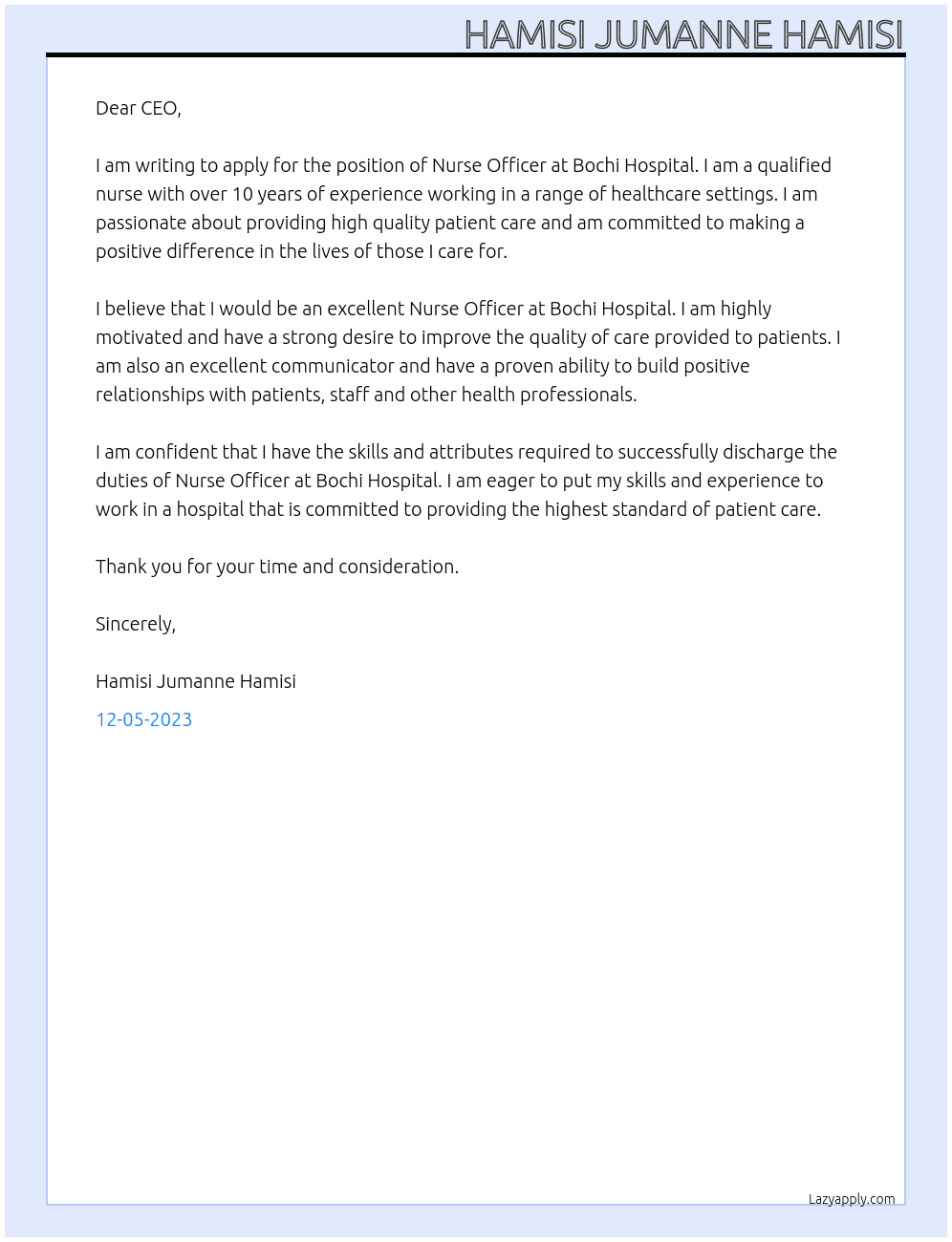 Nurse officer At Bochi Hospital  Cover Letter