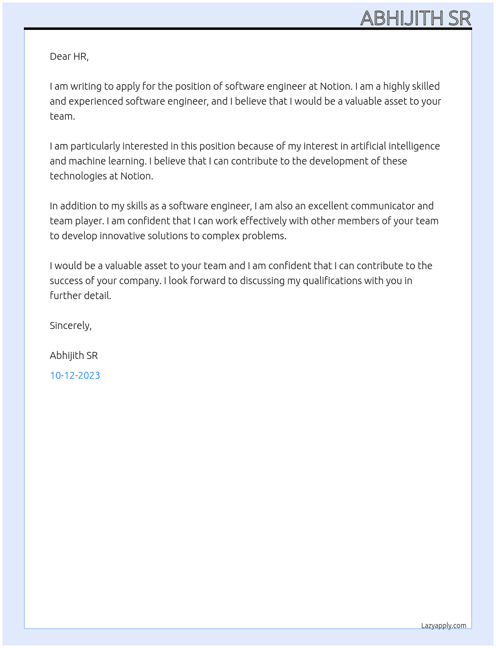 software engineer At Notion Cover Letter