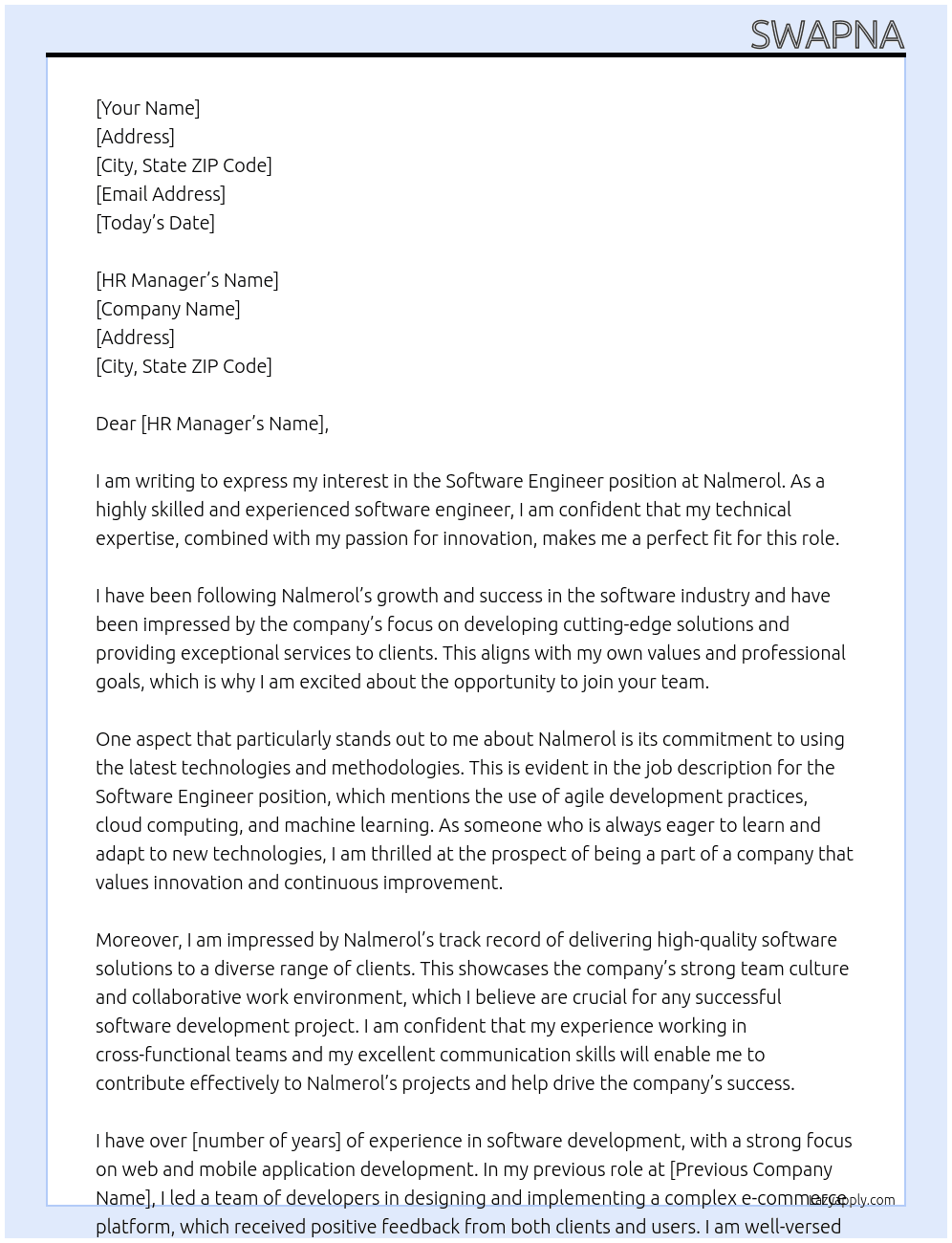 Software Engineer At Nalmerol Cover Letter