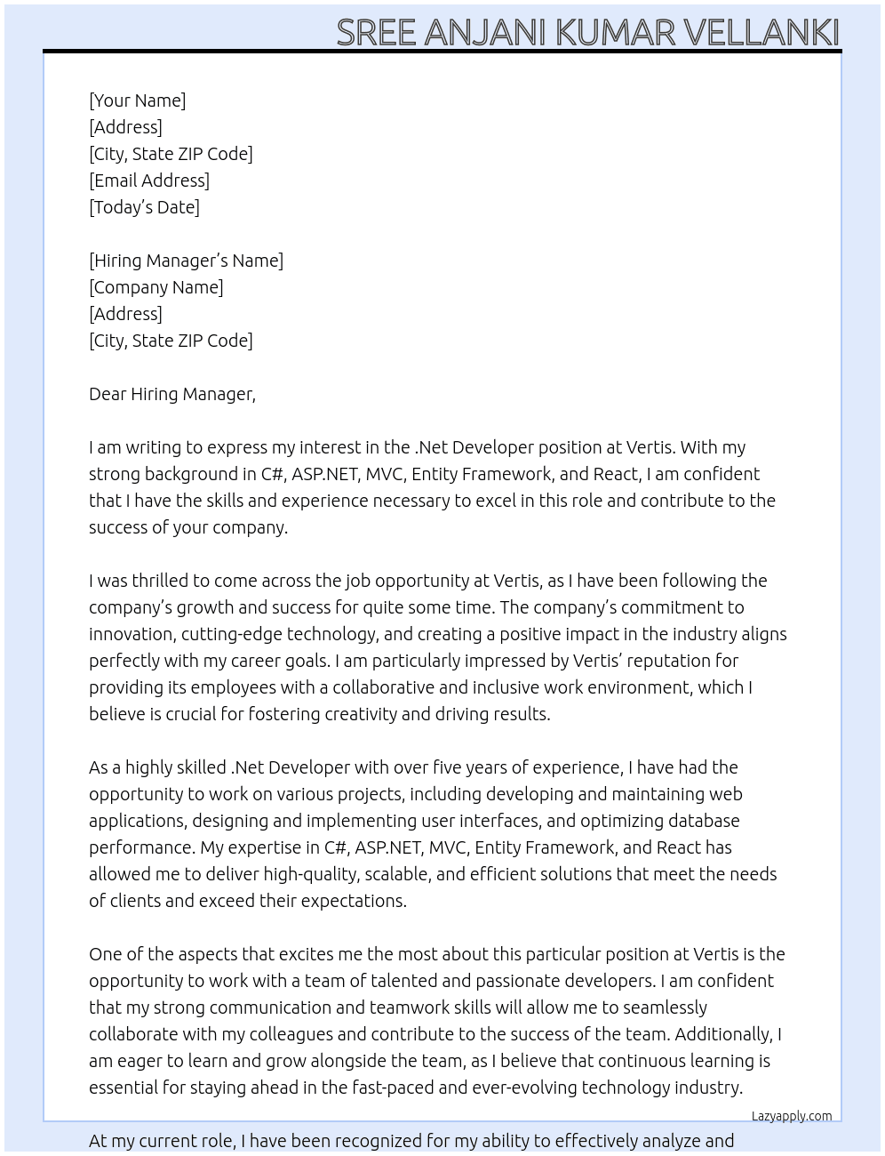 .Net Developer At Vertis Cover Letter