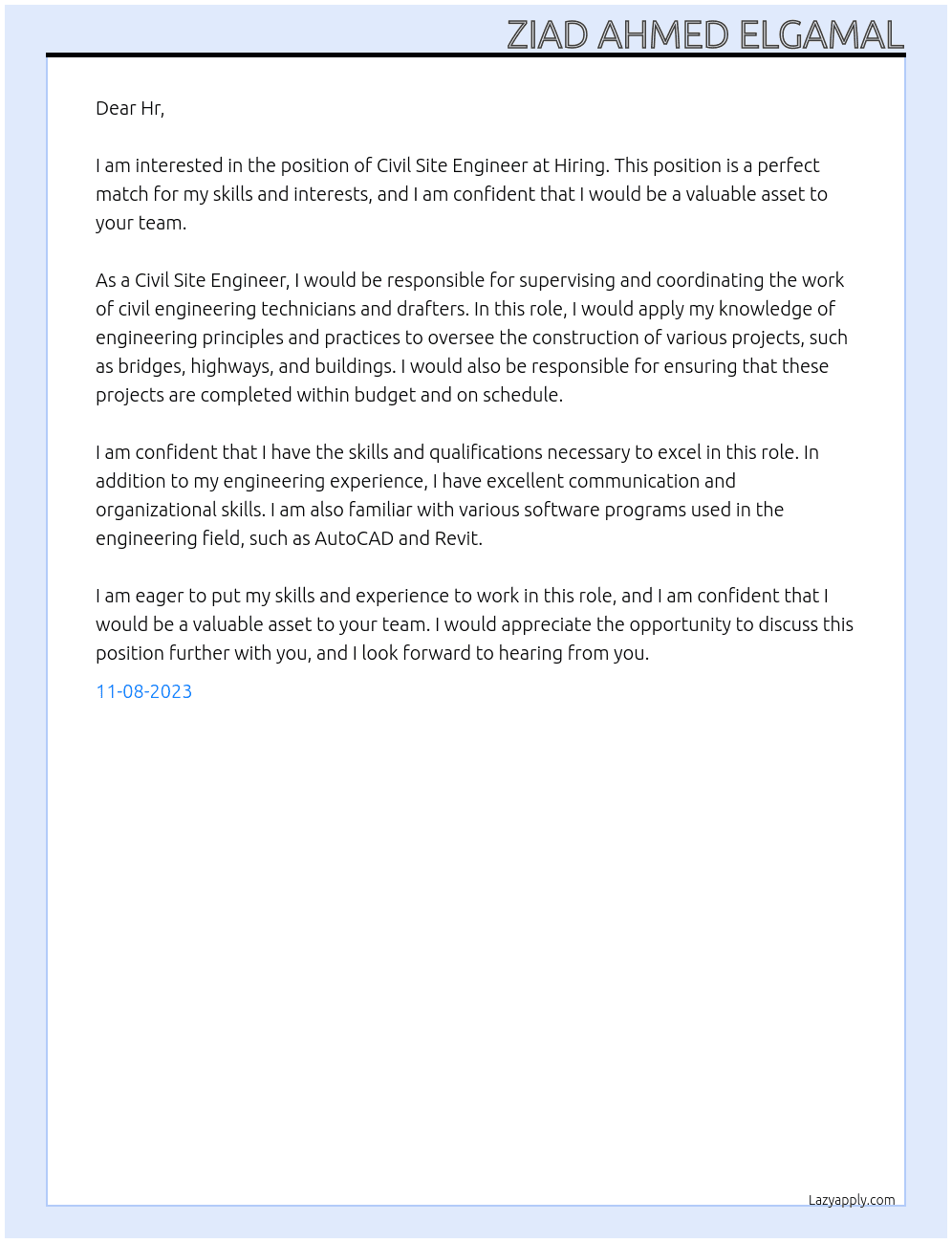 Civil Site Engineer At Hiring Cover Letter