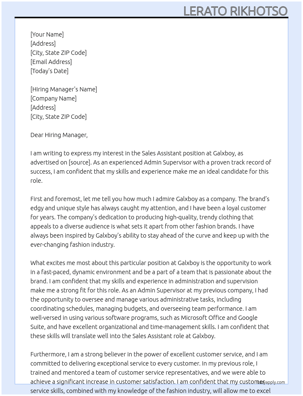 Sales Assitant At Galxboy Cover Letter