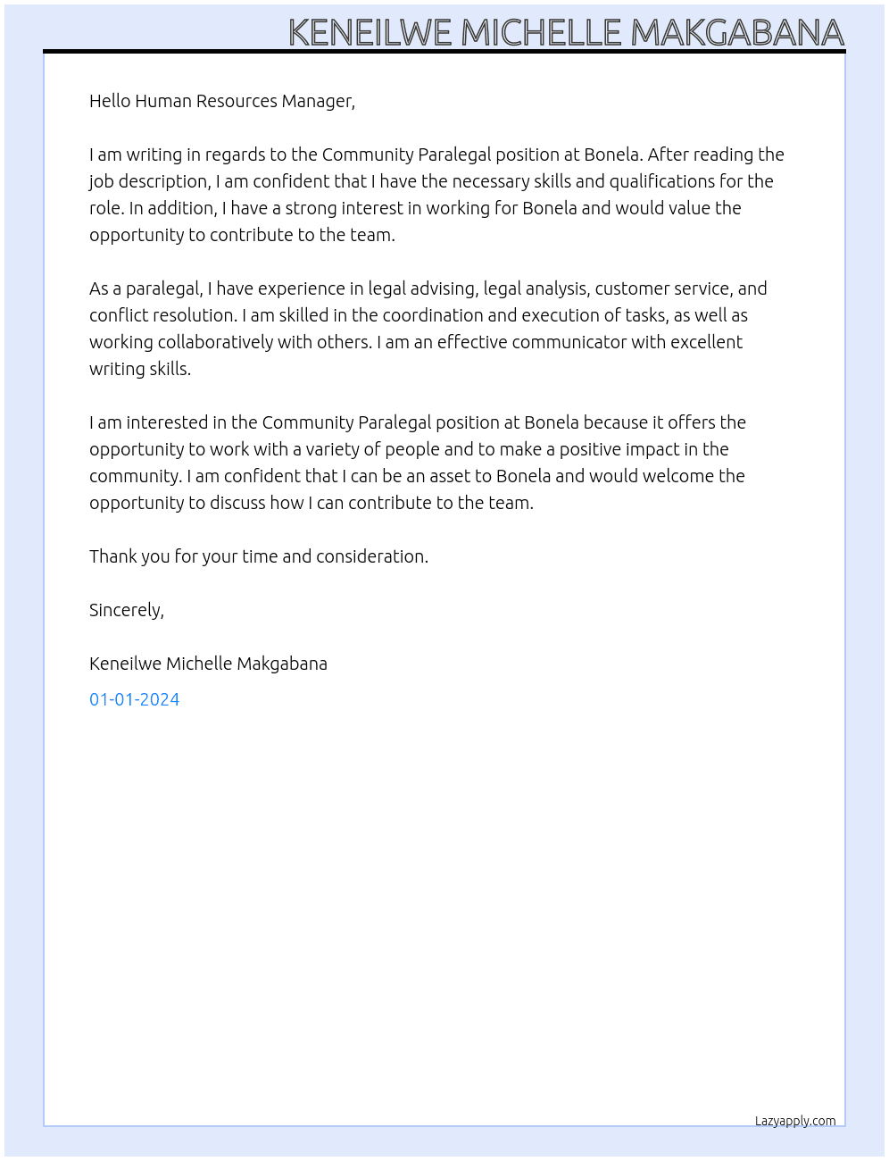 Community Paralegal  At Bonela Cover Letter