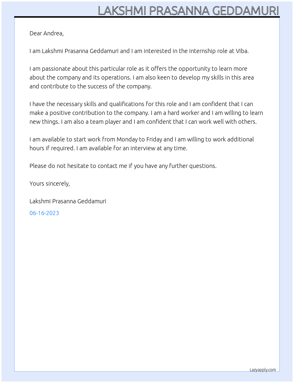 Internship At Viba Cover Letter