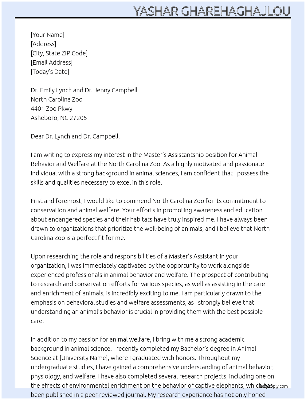 Master’s Assistantship: Animal Behavior and Welfare At North Carolina Zoo Cover Letter